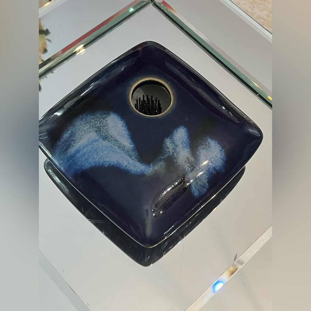 Georgetown Pottery Square Ikebana Flower Vase, Dark Blue/Purple Zen w Pin Frog